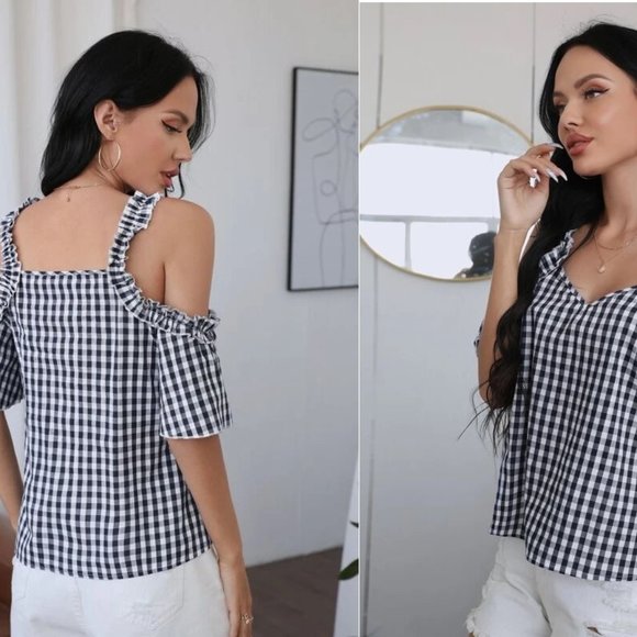 ⭐️Sale NEW!! Size 6 or 8/10 Cold Shoulder Frill Trim Gingham Top - Picture 2 of 2
